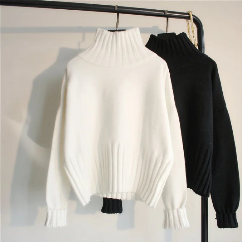 

White Autumn and Winter Long Sleeve Knitted Top Casual Solid Basic Women's Knitwear Turtleneck Pullover Black Sweater