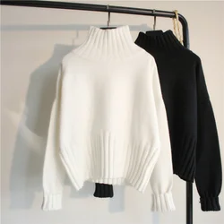 Jersey blanco de punto de manga larga para otoño e invierno, Jersey informal liso básico de punto para mujer, jersey de cuello alto, suéter negro