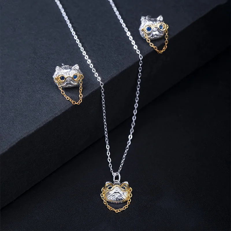 

S925 Silver Cat Necklace Earnail Set Female Glasses wearing Cat Giving Girlfriend Gift