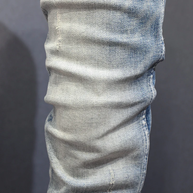 Newly Designer Fashion Men Jeans Retro Light Blue Plain Washed Elastic Slim Fit Ripped Jeans Men Vintage Denim Pants Hombre