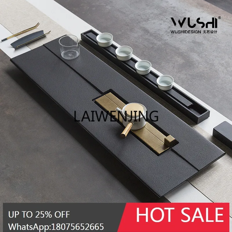 high-end black gold stone tea tray office light luxury black gold tea set embedded copper tea table