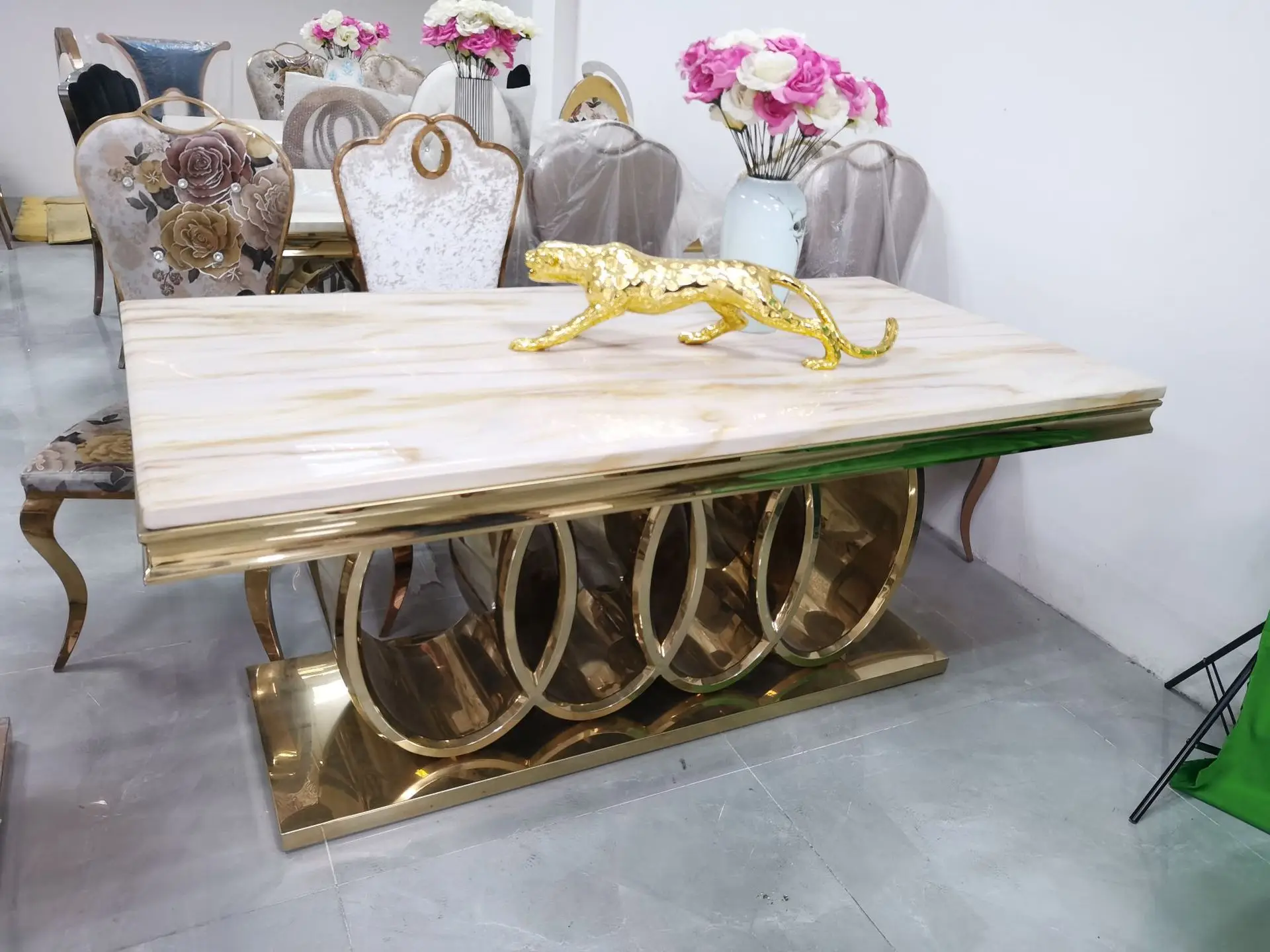 대리석 식탁과 의자 조합 직사각형 식탁 포스트모던 심플 록 슬랩 스테인리스 스틸 티타늄