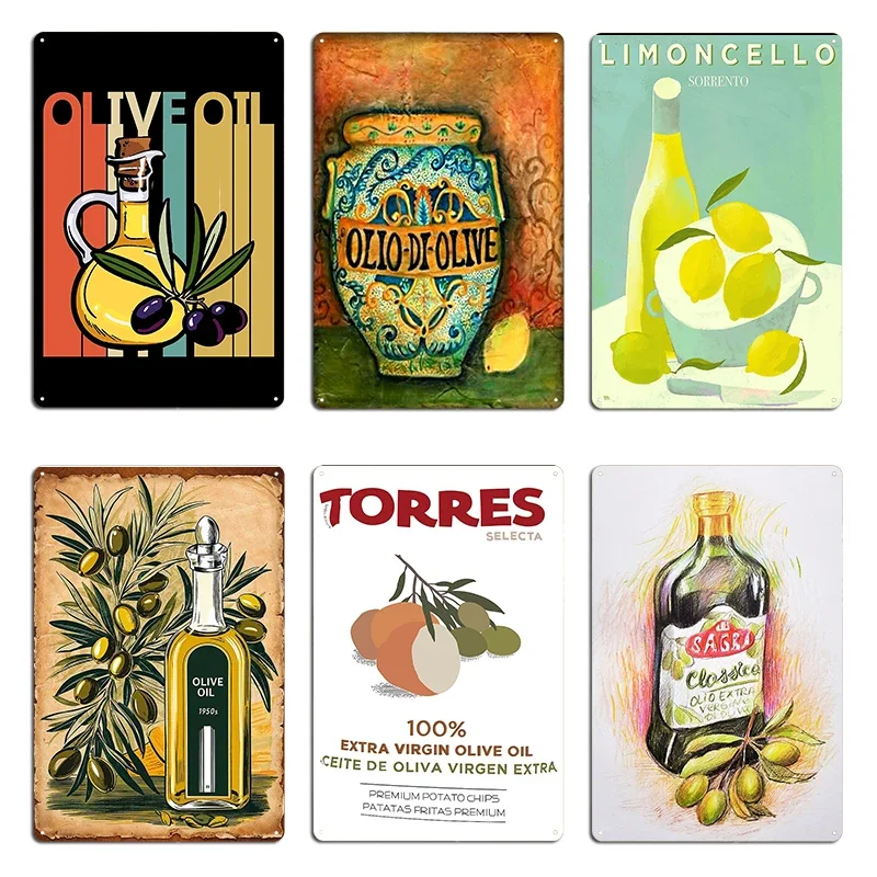 Letrero Metálico Decorativo de Pared Vintage con Diseño de Cerámica Majólica Italiana, Estilo Toscano, con Motivos de Aceite de Oliva y Cocina Italiana