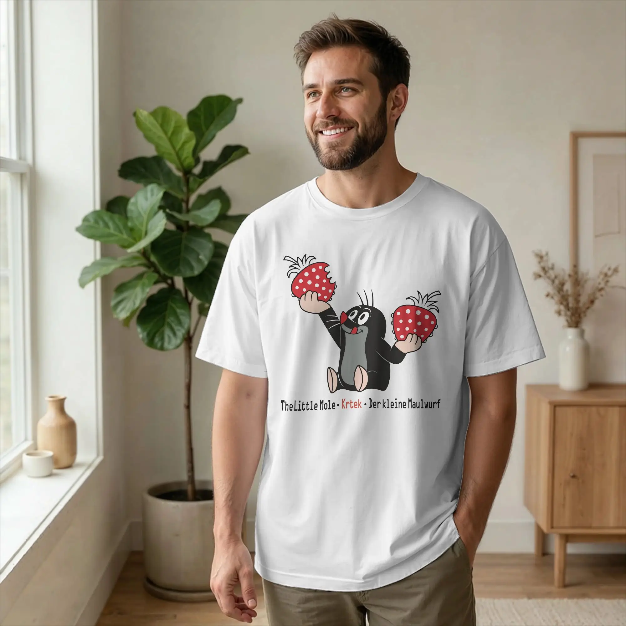 Leisure The Little Mole Krtek Strawberry T-Shirts for Men Crewneck 100% Cotton T Shirts Cartoon Short Sleeve Tee Shirt merch