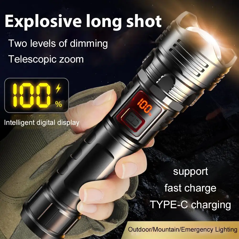 LED Flashlight Super Bright Rechargeable Portable Ultra Power Torch Lamp Retractable Digital Zoom Hand Light For Camping Ou R8H0