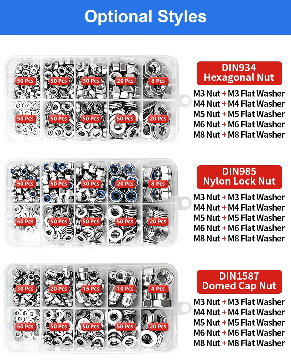 Edelstahl-Mutter-Flachfederscheiben-Kombinations-Box-Set SS304 M3-M8 DIN934DIN985DIN1587DIN315 Sechskant-Sicherungskappe Flügelschrauben-Set – Detail 3