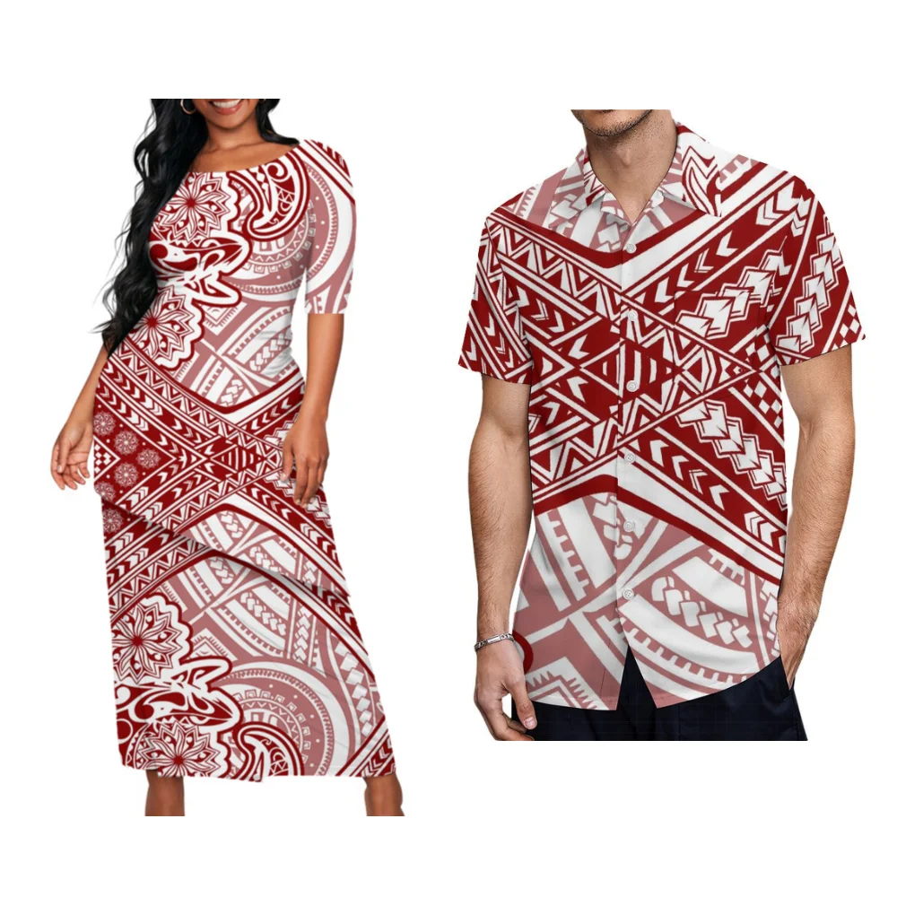 

Fiji Island Ladies Puletasi Polynesian Pattern Custom Tribal Floral Pattern Design Couple Clothing Casual Set Skirt Men'S Shirt