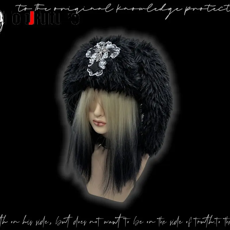 Women  Japanese Harajuku Y2K Girls Long Rabbit Ear Hat Gothic Lolita fluffy cross Warm Bunny Ear Caps Streetwear Beanie Hat