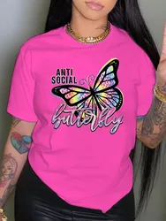 LW-Camiseta de talla grande con estampado de letras y mariposas y diamantes de imitación, camiseta Regular de manga corta con estampado de posicionamiento y cuello redondo para mujer