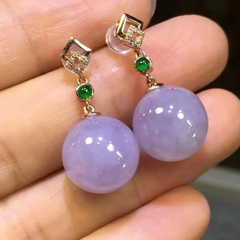 Creative Design Natural Ice Violet Chalcedony Round Beads Women's Earrings Set with Diamonds Elegant Sweet Charm Jewelry