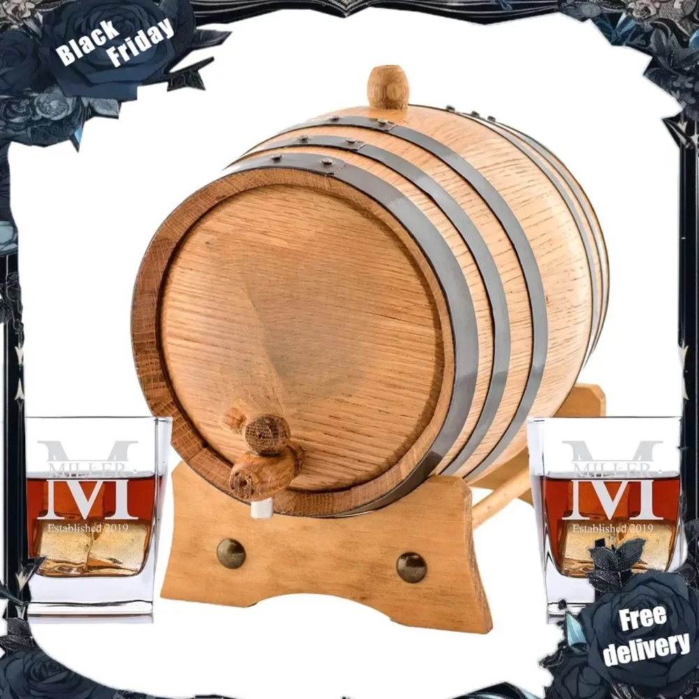 Personalized Oak Aging Barrel & Whiskey Glasses Miller Design (5 Liters)