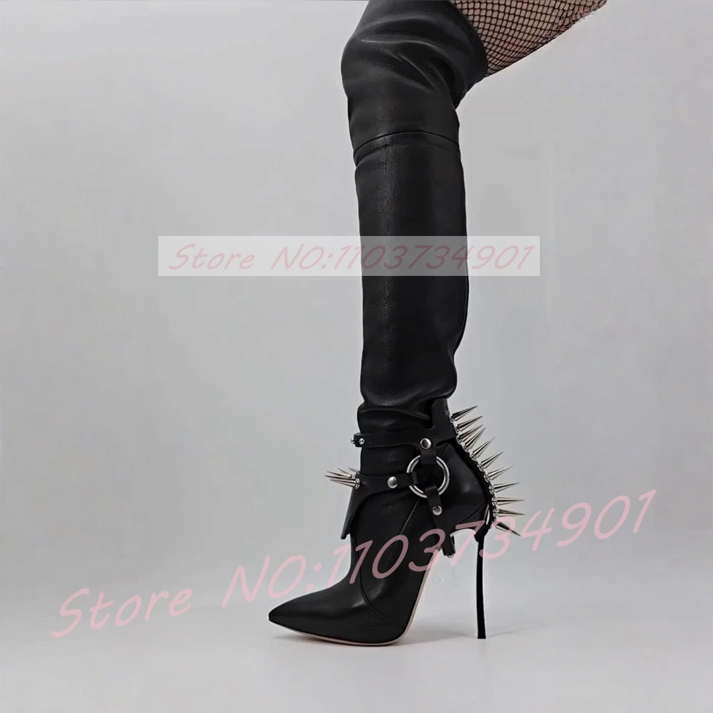 Women's Punk Rivet Over The Knee Boots Sexy Metal Ring Gold Spikes Stiletto High Heels Ladies Gothic Party Pointy Toe Long Boots view 5