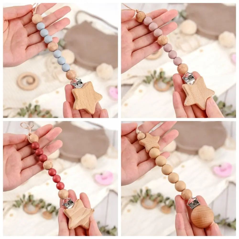 Clip porta ciuccio in legno clip fittizia stella catena per ciuccio per bambini clip per capezzolo supporto per succhietto cinghie per giocattoli per massaggiagengive per bambini