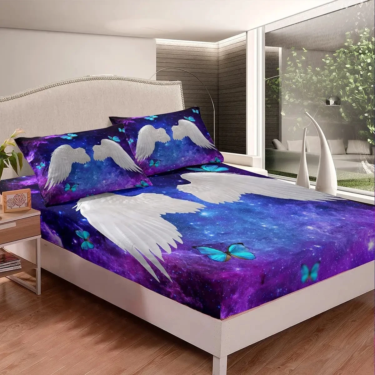 White Angel Wings Fitted Sheet Set 3Pcs Blue Butterfly for Kids Adults Girls Boys Bed Sheet Set King Queen Size Soft Sheet Set