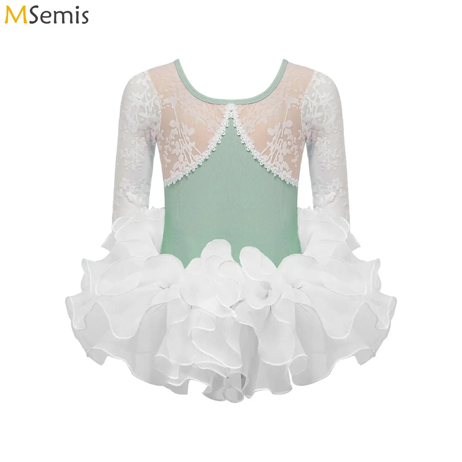 

Girls Ballet Dance Costume Costume Ballerina Tutu Dresses Long Sleeve Lace Mesh Jacquard Bodysuit with Skirt Gymnastics Leotards