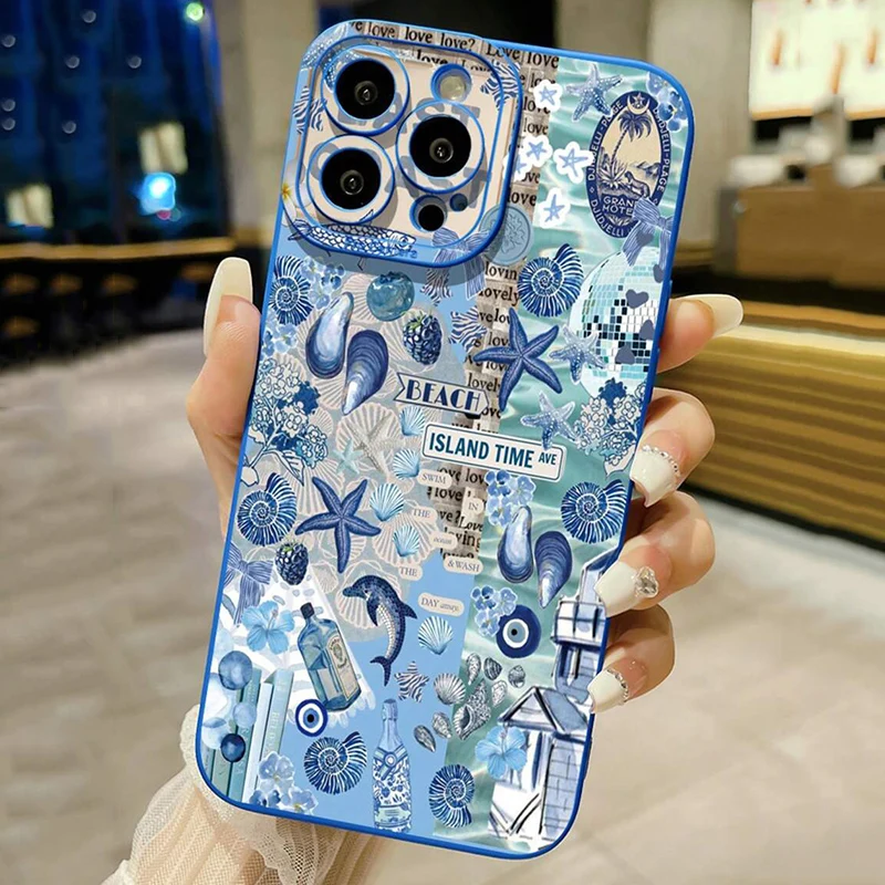 

Ocean Doodle Pattern Shockproof Phone Case For iPhone 13 16 16E 15 14 12 11 Mini Pro Max X XR XS Max 7 8 Plus SE2 Soft TPU Cover