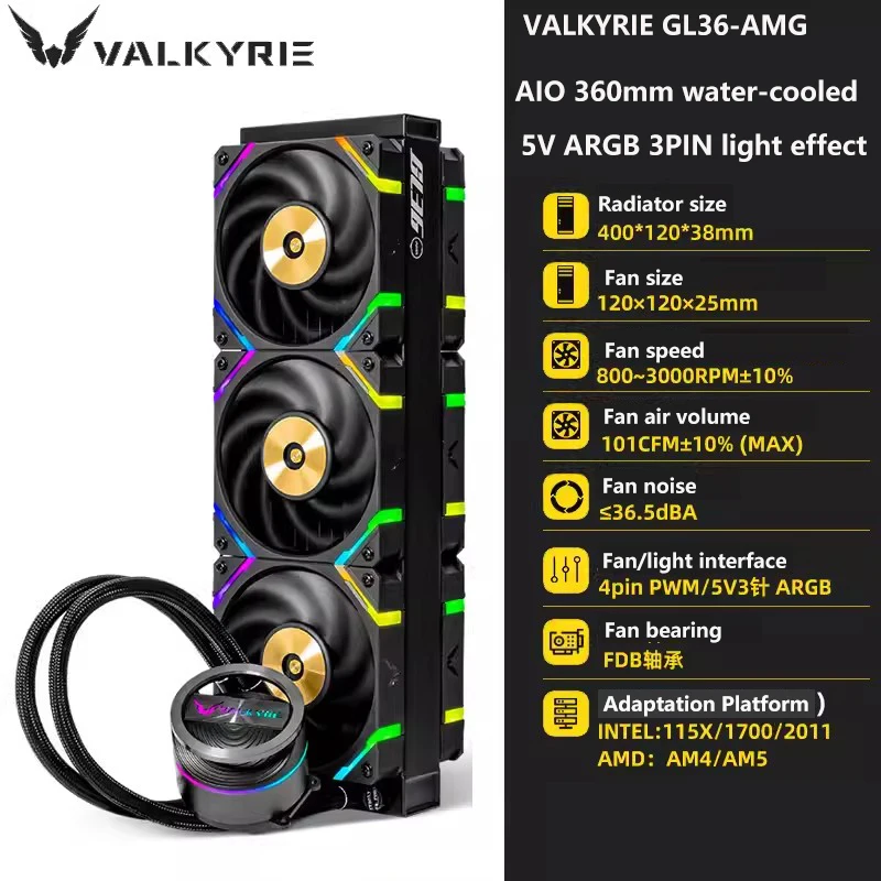 Imagem -03 - Aio Cpu Refrigerador do Radiador de Água Intel Lga115x 1700 2011 1200 Amd Am4 Am5 Valkyrie Gl36-amg 360