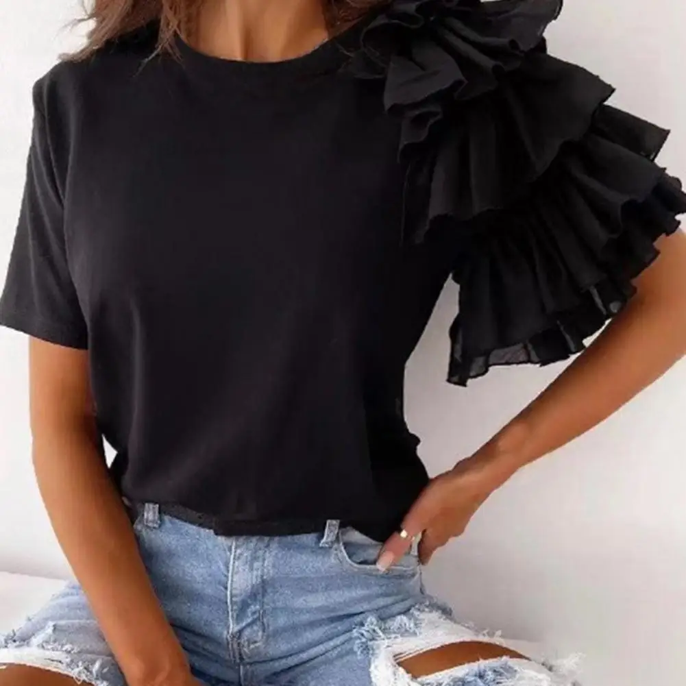 Casual Female T-shirt O-neck Anti Pilling Stretchy Breathable Women Top Layered Ruffle Short Sleeve Lady Shirt Blouse Streetwear