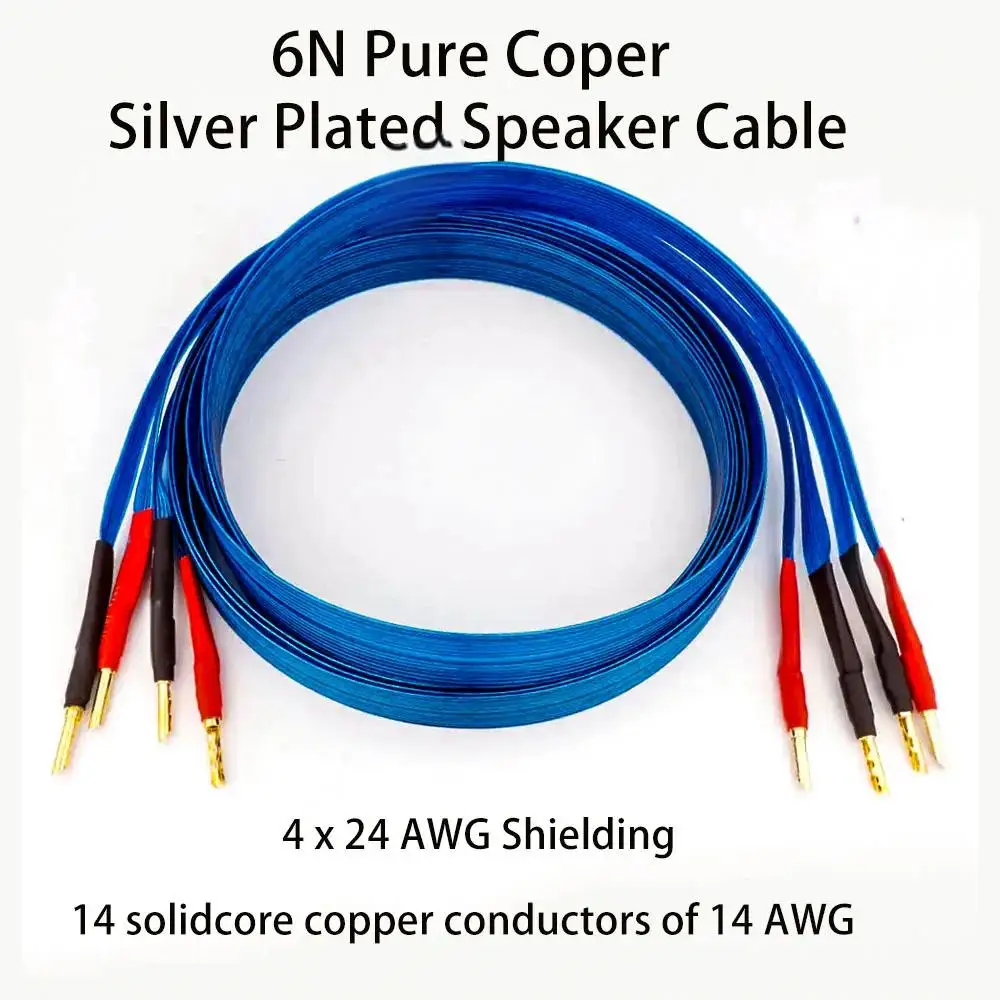 

Hifi Speaker Cable HiFi 6N OFC Core Silver Speaker Cable Flat Audio Speaker Wire Gold Plted Banana Plug for Amplifier Speker