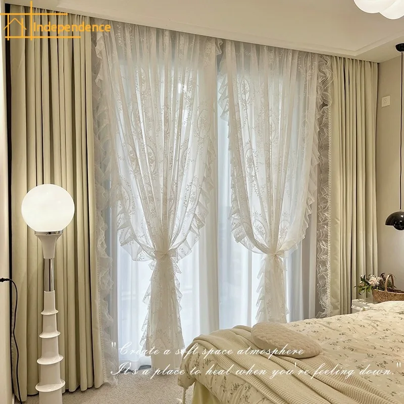 Japanese Chenille Cream Velvet Pearl Lace Curtains for Living Room Bedroom French Window Balcony Customized Finished Products