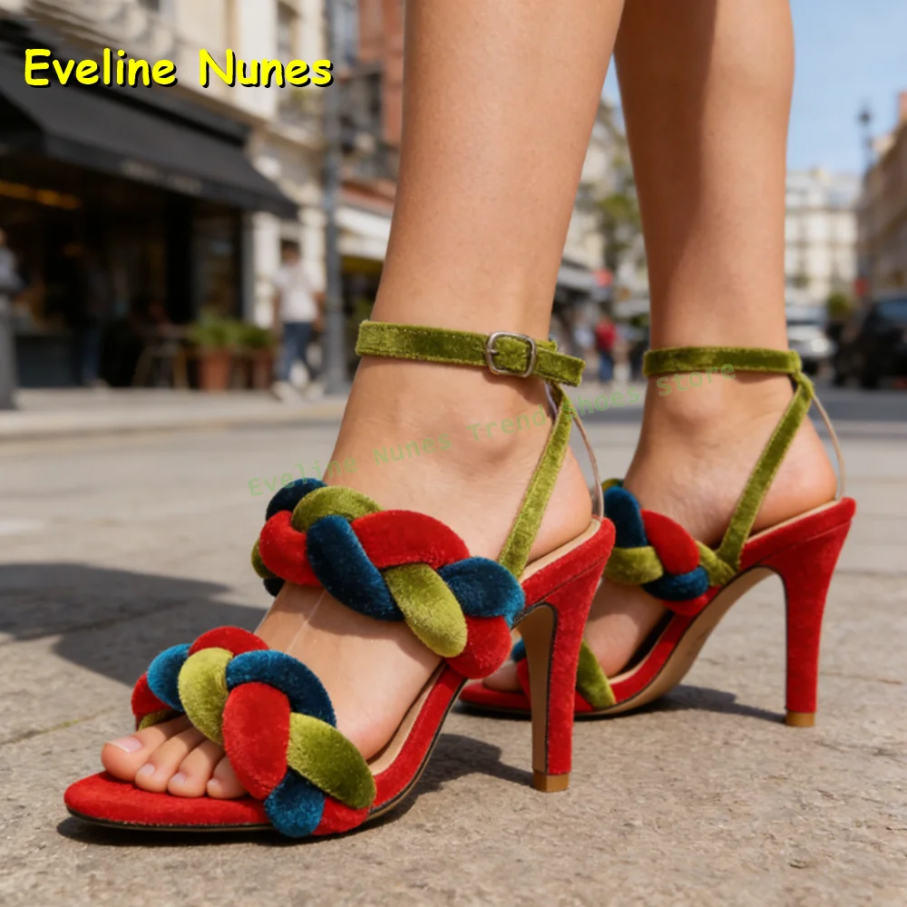 Sandalias de tacón alto con tiras cruzadas multicolor, punta abierta, estilo slingback con hebilla en el tobillo, a la moda para mujer, zapatos sexys de fiesta, verano 2026