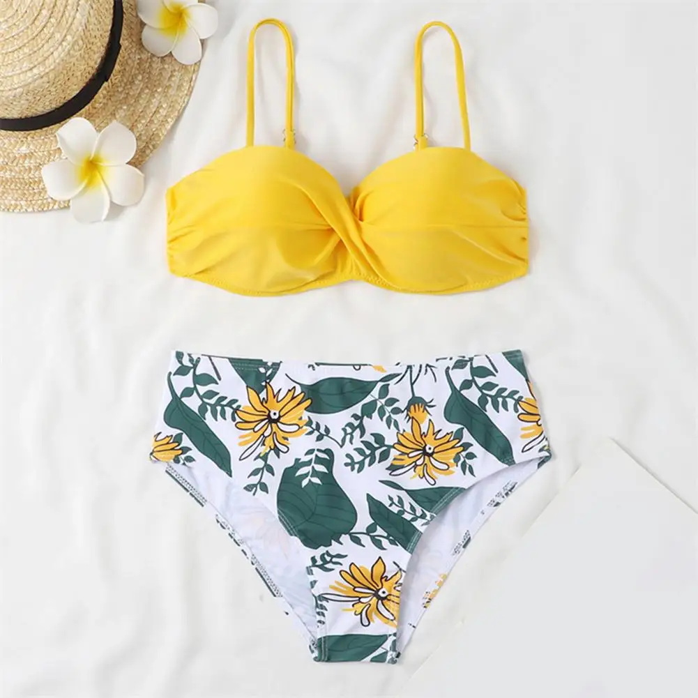 ملابس سباحة بكيني مبطنة بوش أب بلون سادة وطباعة زهور عالية الخصر للنشاط المائي