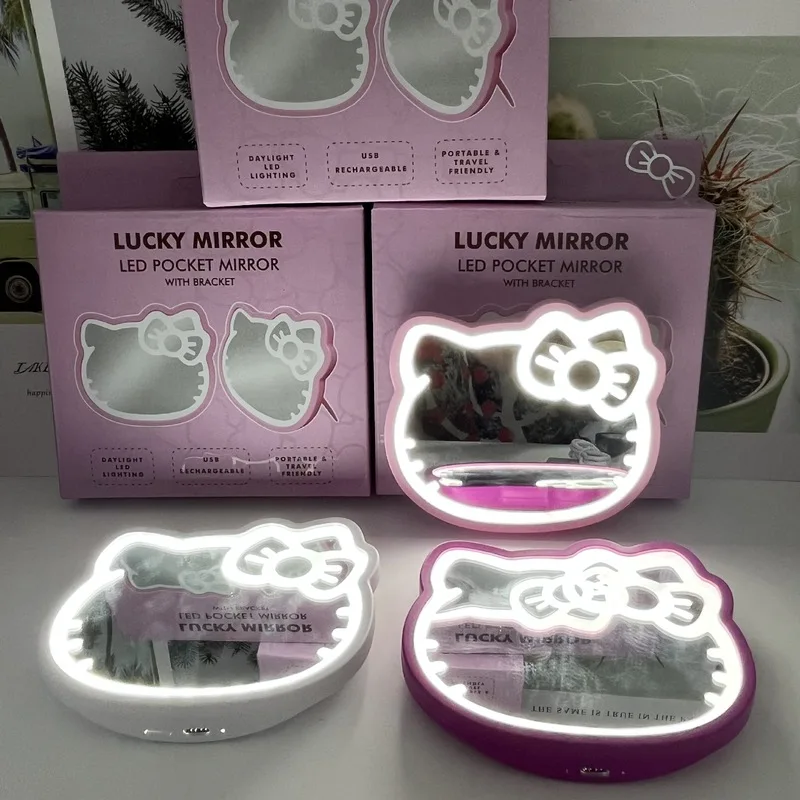 Lindo Espejo de Maquillaje de Hello Kitty para Mujeres y Niñas, Espejo de Belleza Plegable Portátil con Luz, Espejo Cosmético de Escritorio Autoportante