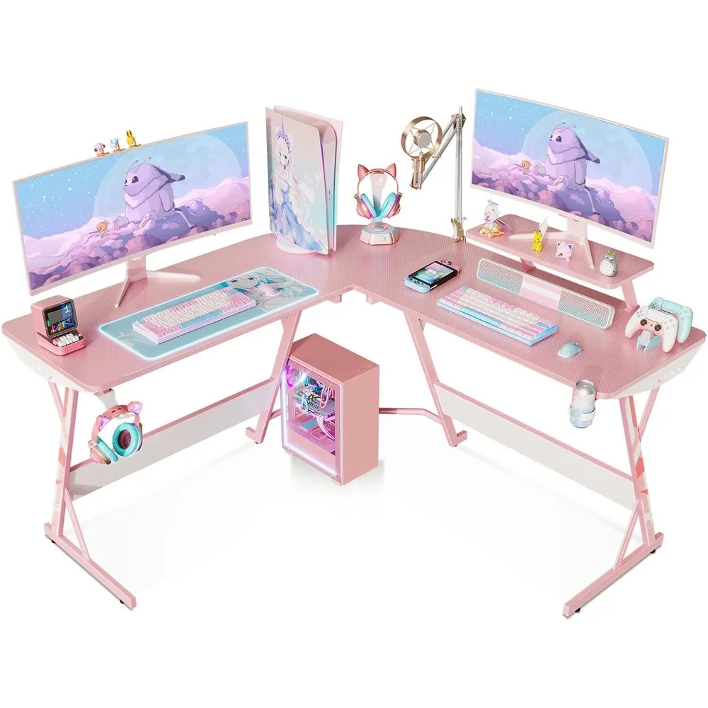 MOTPK Pink Gaming Desk L Shaped, 51 Inch Gamer Desk Gaming Table with Carbon Fiber Texture, Corner Computer Desk L