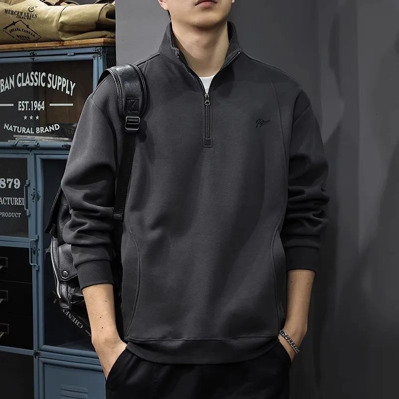 Autumn Winter Brushed Embroidered Men's Sweatshirt American Retro Half Zipper Stand Collar POLO Shirt Loose Pullover