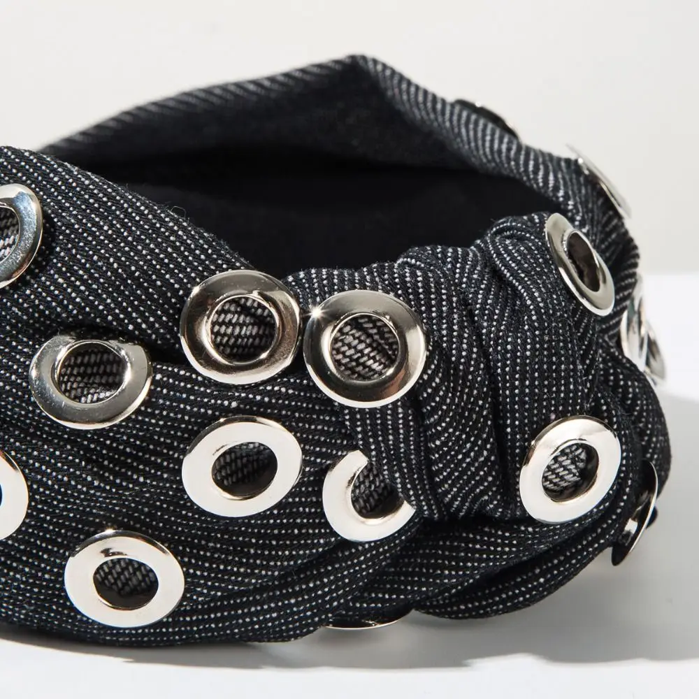 

Повязка на голову Y2K из денима, широкая, персонализированная, в стиле панк, с металлическими рок-отверстиями, для вечеринок