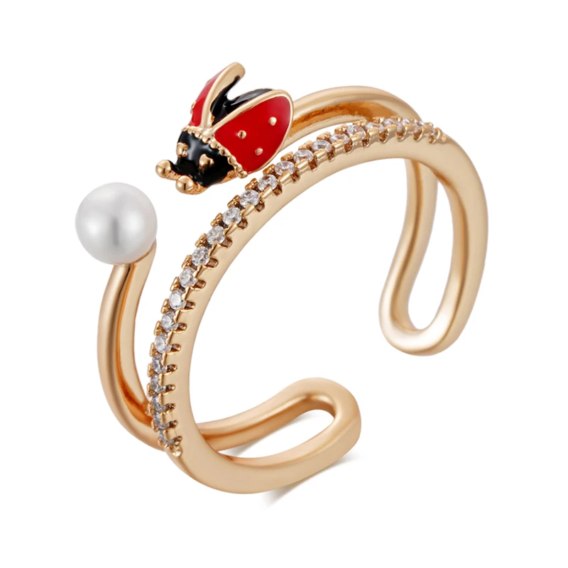 Wbmqda Cute Pearl Ladybug Open Ring For Women 585 Rose Gold Color Natural Zircon Setting Unique Christmas Jewelry Gifts