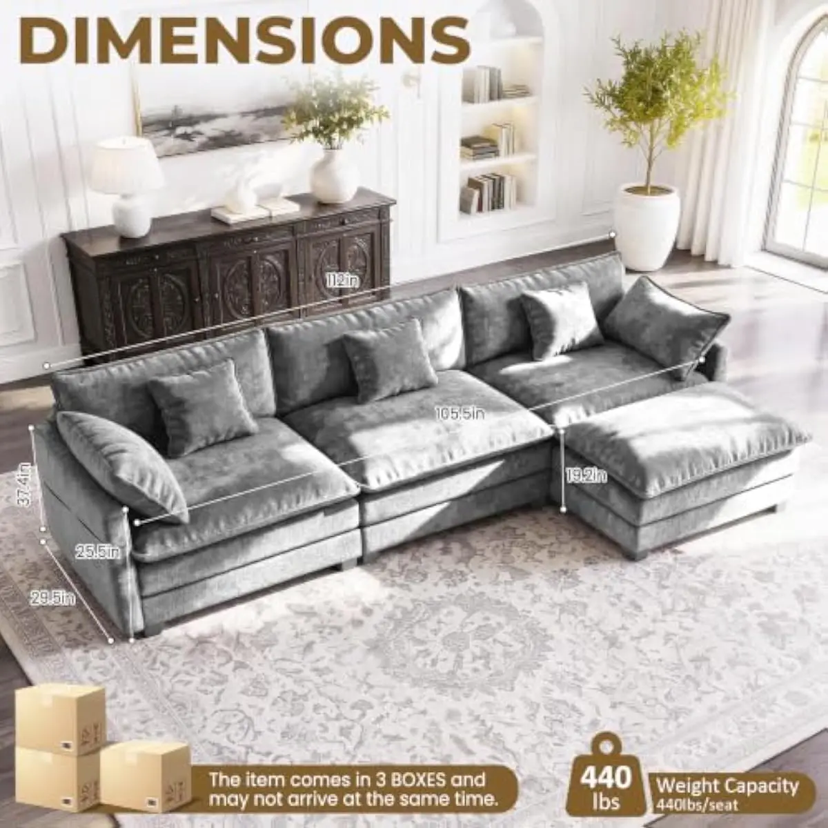 112' L-Shape Modular Sofa with 1 Ottomans, Deep Seat Cloud Convertible Sleeper, 3 Throw 2 Arm Pillows, Cozy Upholstered Furnitur