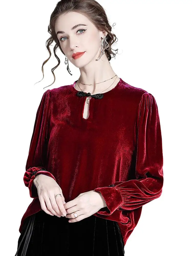 

Женская модная винтажная блузка Pleuche больших размеров, осенние элегантные велюровые рубашки с рукавами-фонариками, зимние бархатные топы 5XL