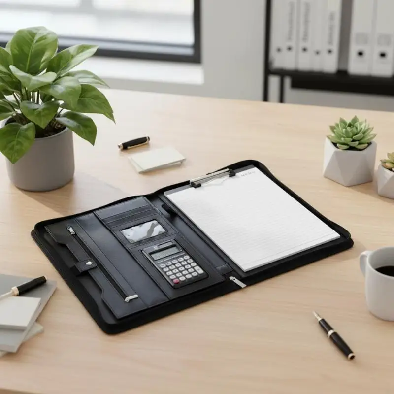 

Leather Conference Folder Zippered Leather Business Document Organiser Clipboard with 12 Digit Calculator and Notepads F19E