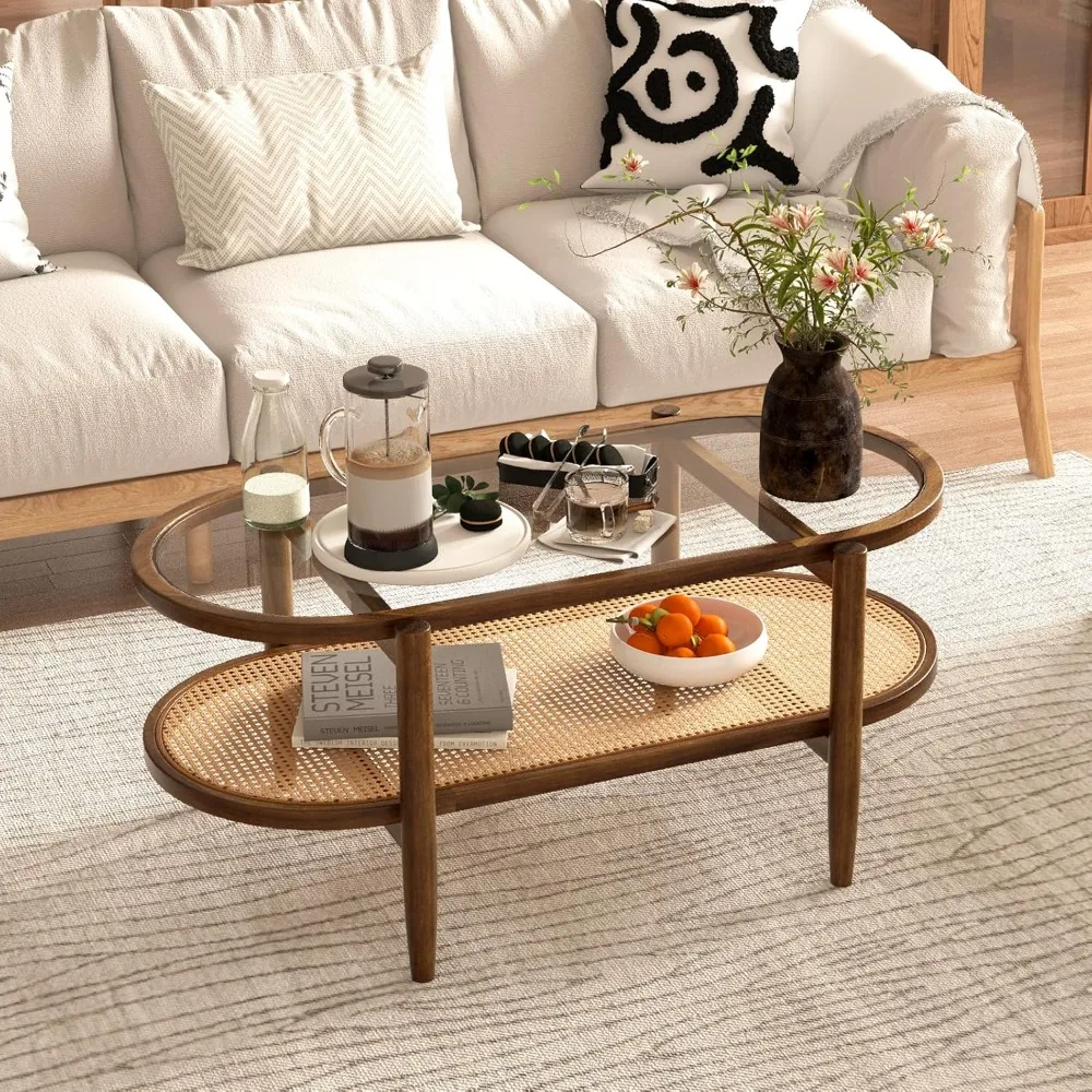 

Coffee Table, 2-Tier Center Table with Tempered Glass Tabletop & PE Rattan Storage Shelf, Mid Century Modern Tea Tab