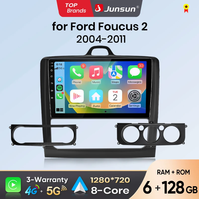 Radio samochodowe Junsun z Android Auto do Forda Focusa 2 (2004-2011), multimedialny, bezprzewodowy Apple CarPlay, inteligentne systemy, ekran dotykowy IPS, odtwarzacz stereo wideo, radioodtwarzacz 2