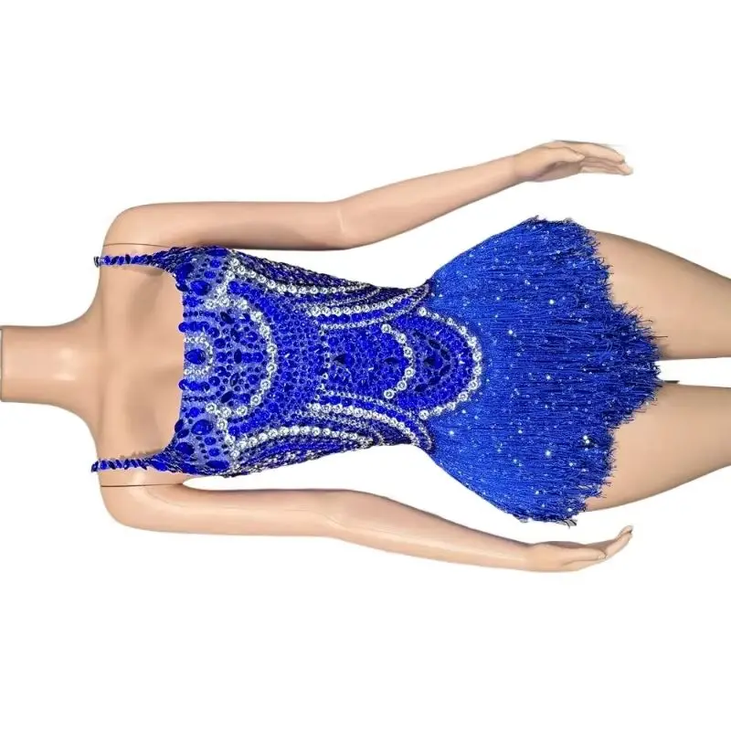 ブルーラインストーンタッセルボディスーツ女性のセクシーなショーパフォーマンスダンス衣装ナイトクラブ衣装歌手ダンサーステージ着用