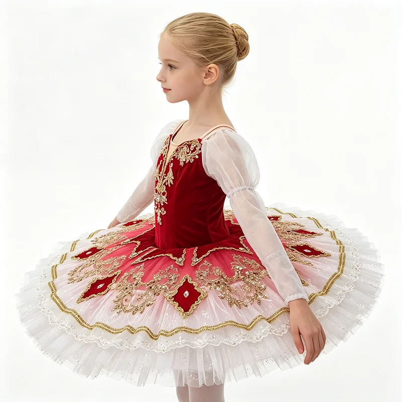 Womens Puff Sleeve Thin Strap V Neck Ballet Tutu Performance Dress Gold Scroll Rhinestone Embroidery Red Diamond Patch Gradient