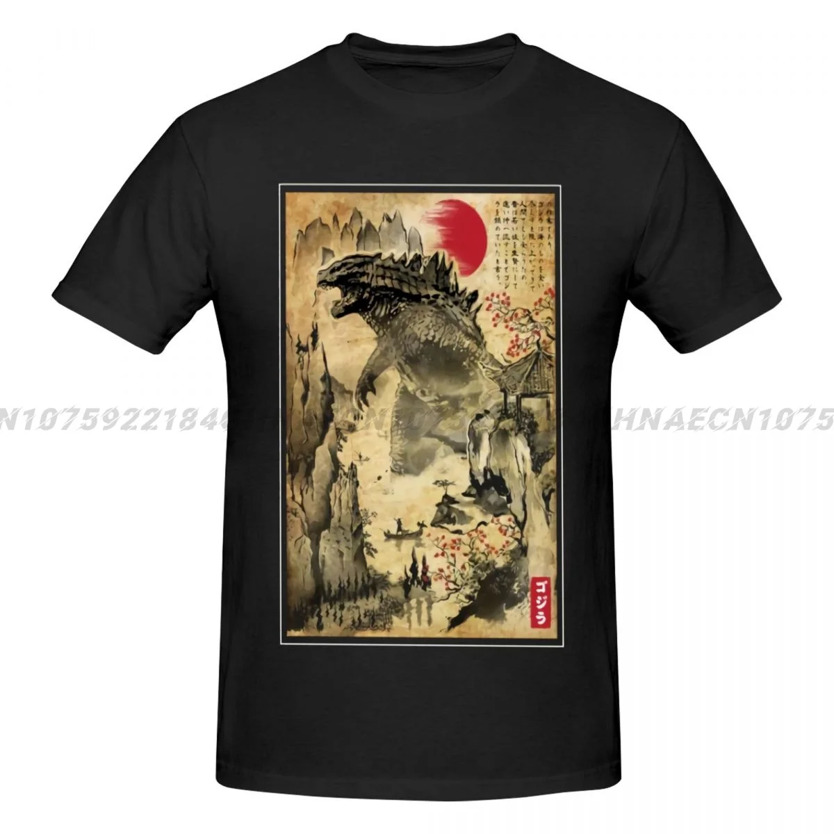 Godzillaed Gojiraes In Japan Woodblock T-Shirt Men Round Neck Cotton T Shirts Short Sleeve Tops Printed Clothing