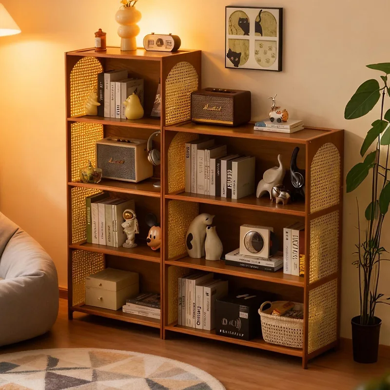Vintage rattan style storage cabinet, student bookshelf, living room storage cabinet, household multi-layer storage rack