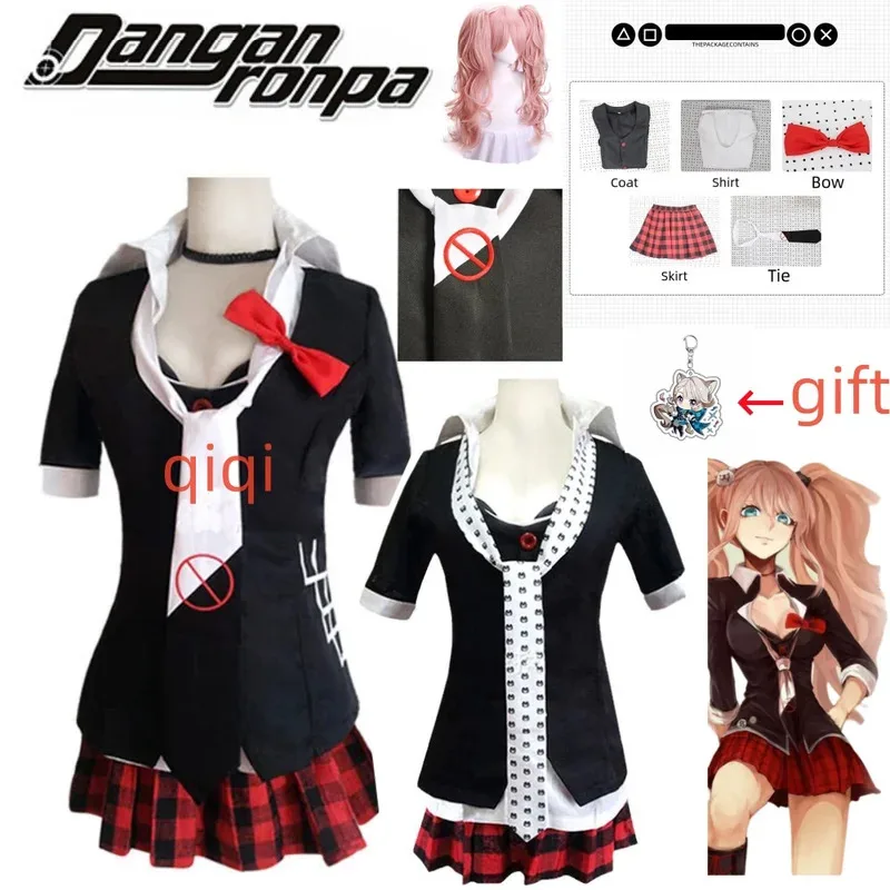 Disfraz de Anime Danganronpa, uniforme Enoshima Junko, ropa de trabajo de cafetería, Falda corta, peluca trenzada de doble cola; 6'x, 9;y'
