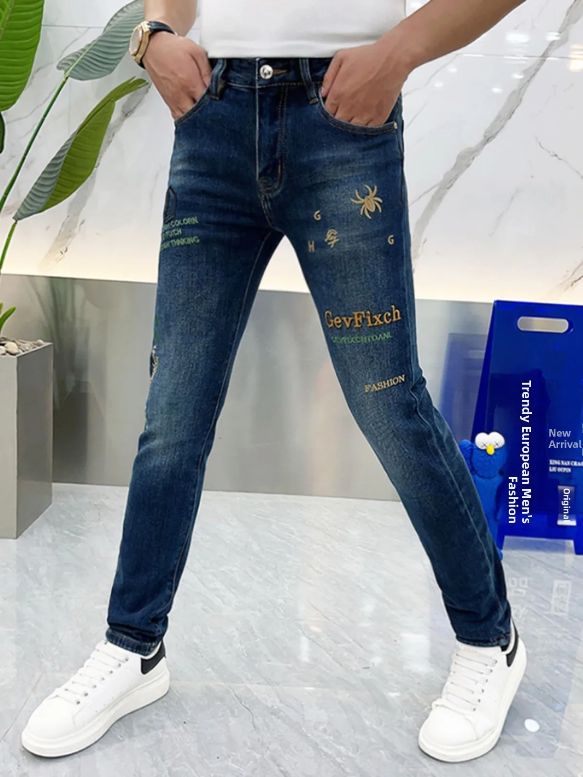 

Faionable Embroidered Slim Fit Jeans Men's Stretchy Small Foot Long Pants Autumn Trendy Brand Printed Youth Casual Jeans