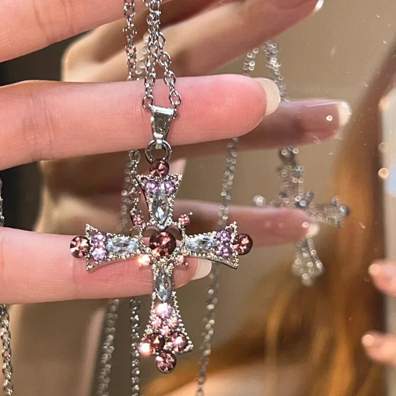 Pink Purple Zircon Cross Necklaces Gothic Pendant Necklace for Women Y2K Jewelry Party Girls Fashion Accessories Female Gift