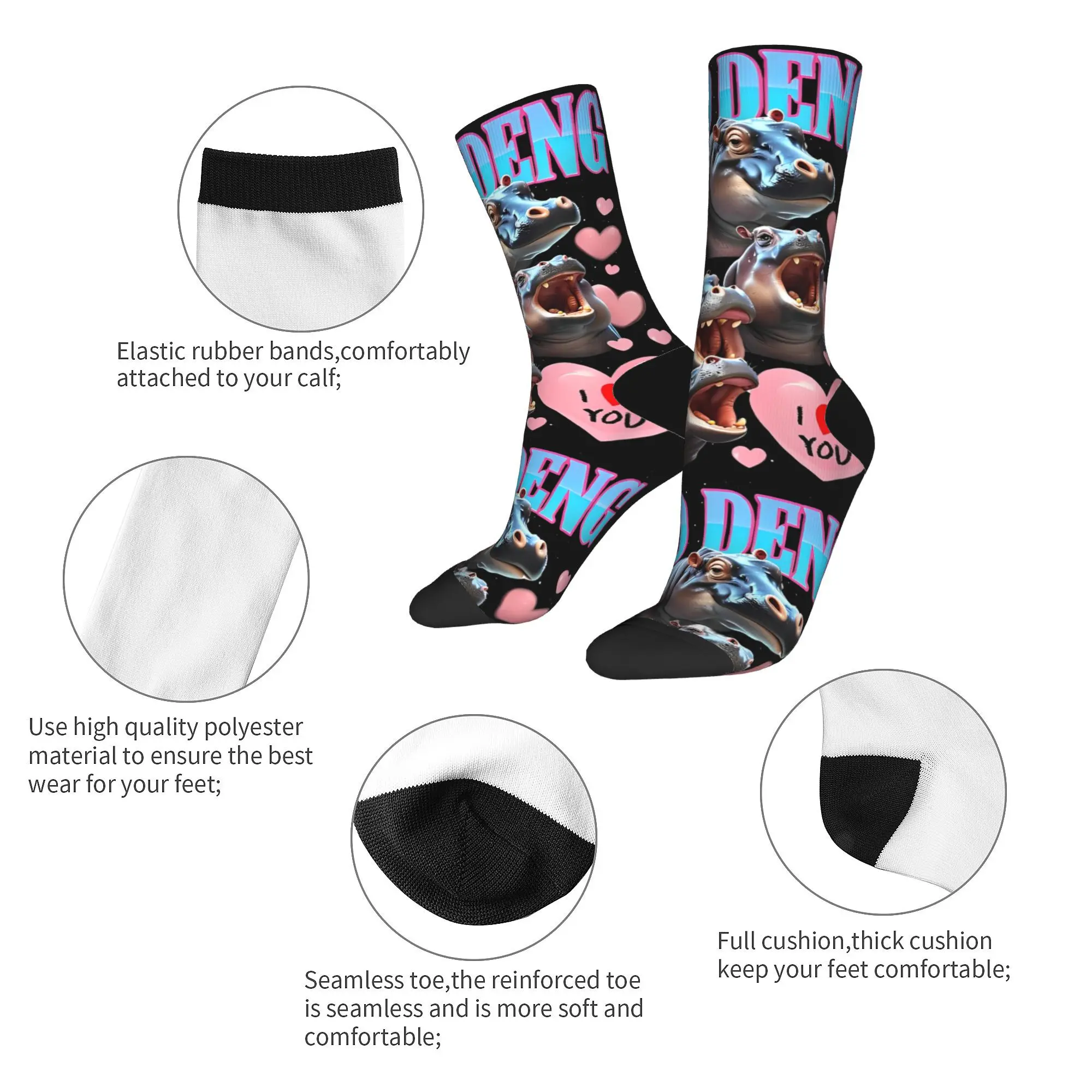 Harajuku Moo Deng I Love You Funny Basketball Socks  Polyester Long Socks for Women Men Non-slip