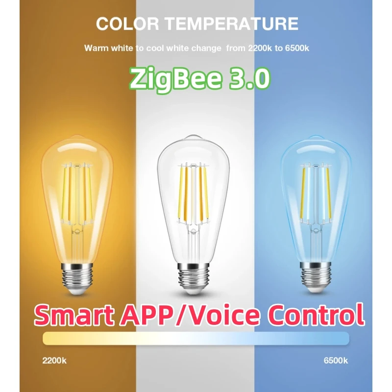 

AC220V Zigbee 3.0 Vintage Style LED Filament Bulb Lamp ST64 E27 7W Pro Dual-White Bulb Light Smart Wifi APP Alexa Voice Control