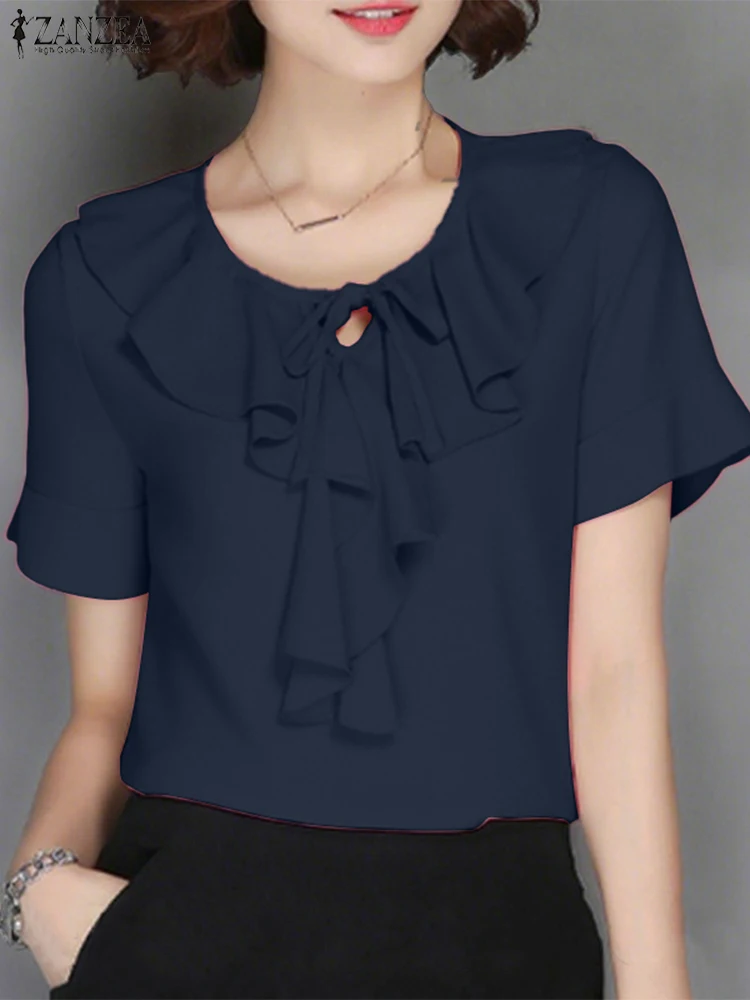 ZANZEA 여성 여름 탑 캐주얼 러플 블라우스 빈티지 레이스 업 블라우스 2025 패션 솔리드 컬러 튜닉 오버 사이즈