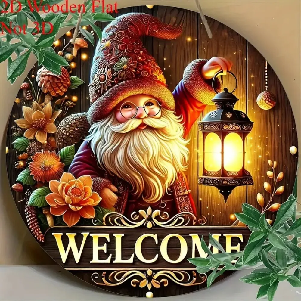 2D Exquisite Lantern Christmas Gnome Circular Wooden Sign, Suitable for Home, Porch, Caf É, Restaurant, Holiday Decoration Gifts