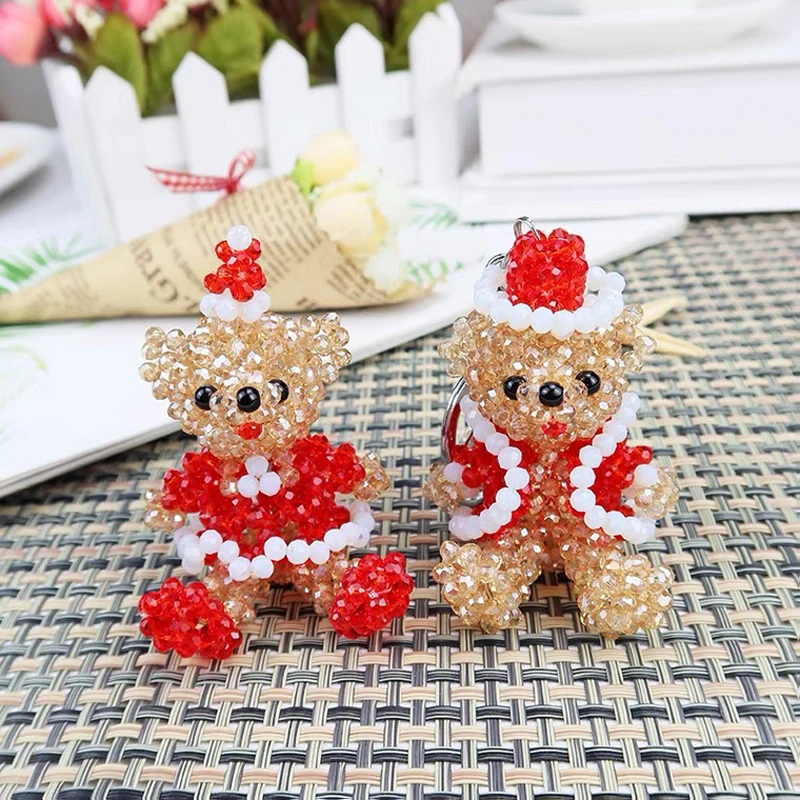 Beautiful Cute Christmas Bear Pure Hand Woven Austrian Crystal Key Chain Bag Hanging Accessories Shining  Girl Birthday Gift 1PC