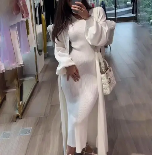 

Two Piece Set Women Outfit 2025 Spring Autumn New Round Neck Temperament Slim Fit Vest Dress & Long Sleeve Longline Cardigan