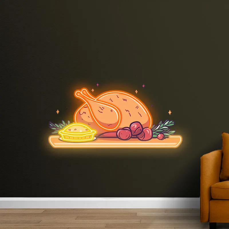 Thanksgiving Feast Neon Wall Art – Bright Turkey Dinner Illustration with Neon Glow, Perfect for Autumn Home & Dining Room Decor